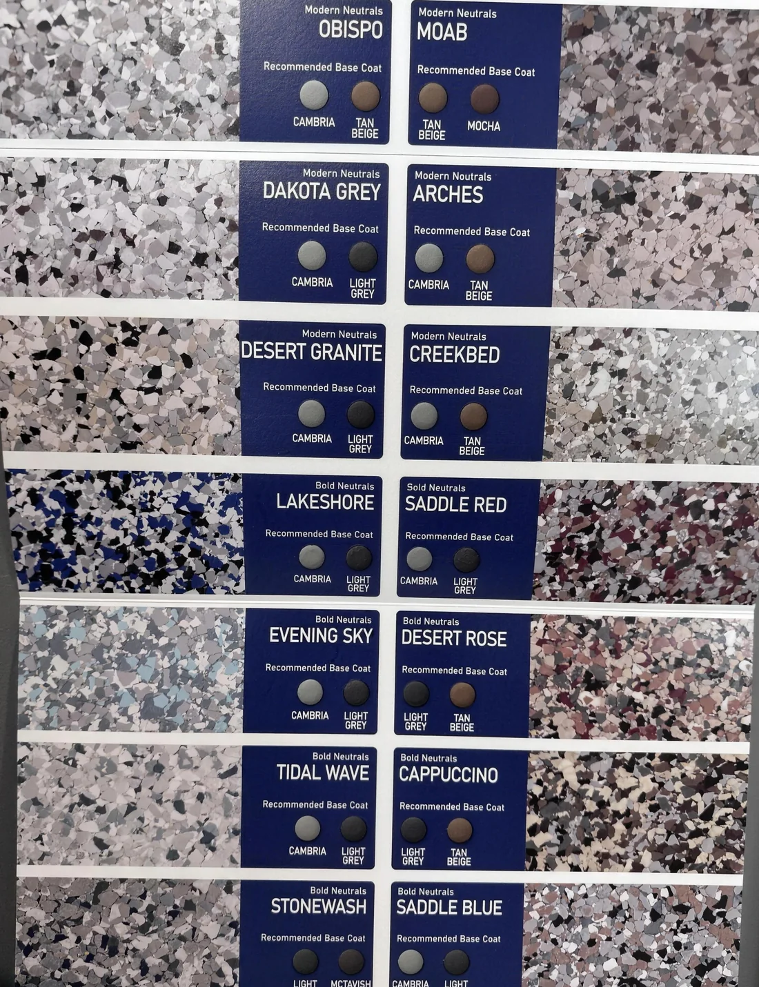 The Modern Neutrals and Bold Neutrals boards. Each strip shows the blend loose on a coated sample panel with its name and the base coat it is laid over.