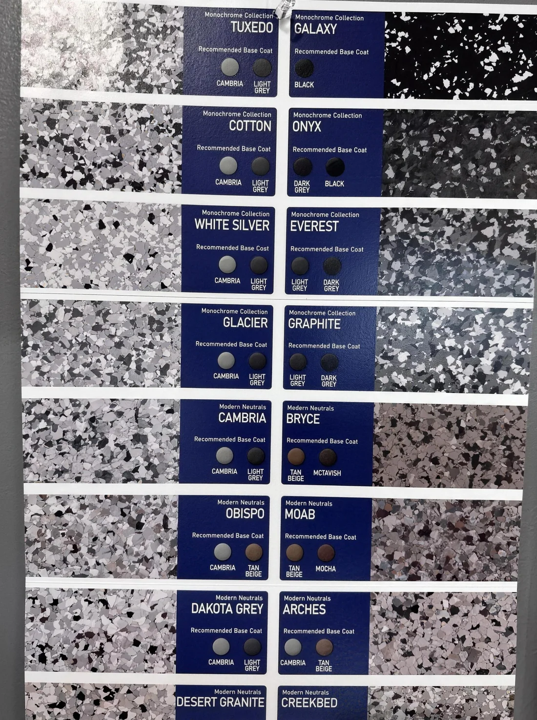 The Monochrome and Modern Neutrals boards. Each strip shows the blend loose on a coated sample panel with its name and the base coat it is laid over.