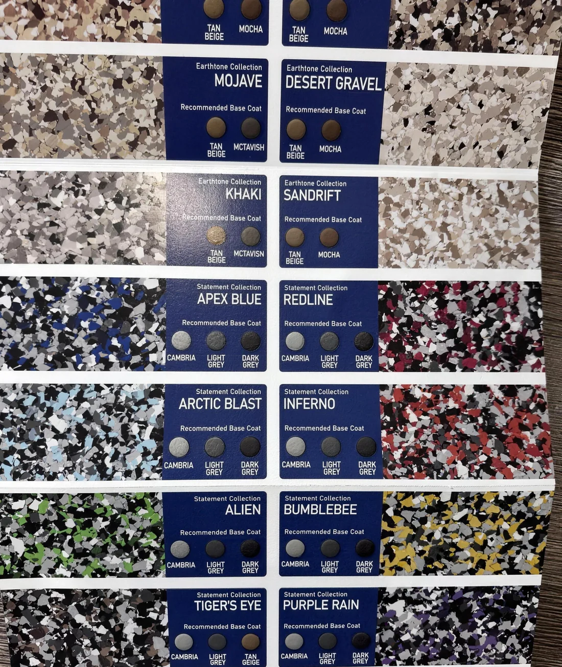 The Earthtone and Statement boards. Each strip shows the blend loose on a coated sample panel with its name and the base coat it is laid over.